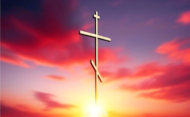 The bright sunset background and wooden cross