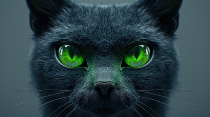 Close-up of a black cat with striking green eyes, highlighting its fur and intense gaze in a dark background.