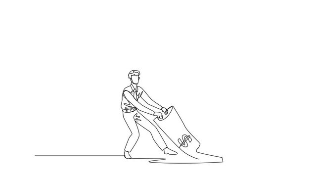 Self drawing animation single one line drawing businessman pulling banknotes that were stepped on by giant feet. Fighting to defend rights. Legitimate payment. Struggle to seize. Full length animated