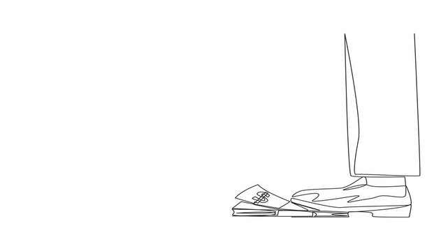 Animation of single continuous line drawing businessman nodded in front of giant foot stepping on stack of banknotes. Request permission from investors to disburse reserve fund. Full length motion