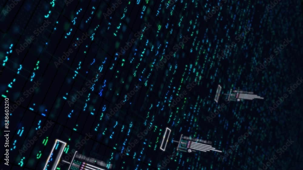 Poster futuristic electronic circuit board with data graphs, abstract digital interface. the camera moves s