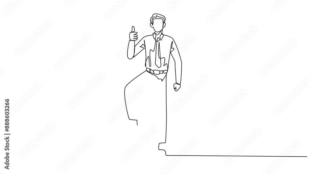 Poster animated self drawing of single one line drawing businessman stands in a thumbs up pose and steps on