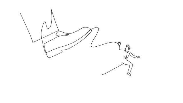 Self drawing animation of single continuous line drawing businessman riding a rocket flies away from the giant foot. Redirection. The struggle to keep the business flying high. Full length animated