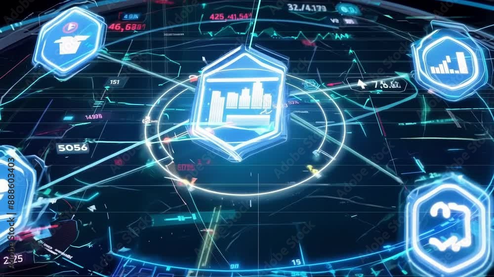 Poster a topdown view of a bustling digital marketplace with holographic symbols floating above each transa