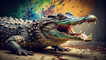 Fototapeta premium Crocodile with a unique ink splash art , wildlife, predator, reptile, abstract, design, artistic, watercolor, hand drawn