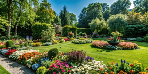 Tranquil garden with vibrant flowers, serene, calm, peaceful, colorful, blooming, floral, nature, beauty, relaxation