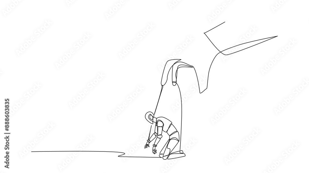 Poster animation of single continuous line drawing robot kneel, entire body bound by ropes controlled by gi