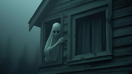 Spooky ghost peering from a wooden cabin window in a foggy, eerie forest. Perfect for Halloween-themed projects or haunted atmosphere visuals.