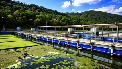 Algae farm producing bio fuel with a scenic view , sustainable, energy, algae, farm, bio fuel, renewable, green