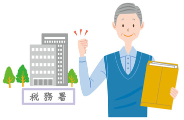 税務署に行く高齢者のイラスト　確定申告の申請　年金をもらう高齢男性