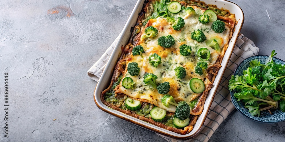 Sticker Vegan lasagne with layers of broccoli and zucchini, topped with dairy-free cheese and fresh herbs, vegan, lasagne