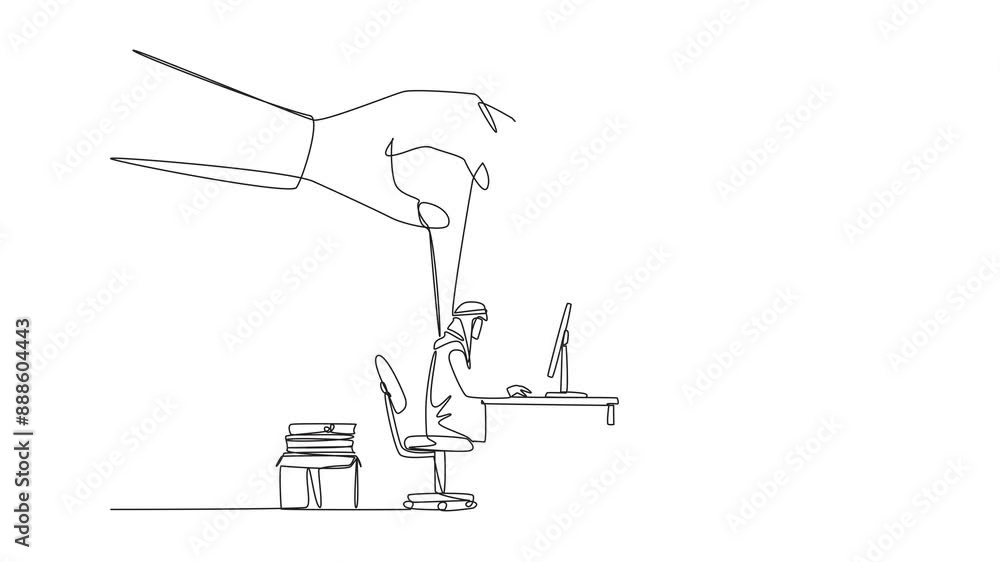 Poster self drawing animation of continuous one line drawing arab businessman typing on laptop, hand moved 