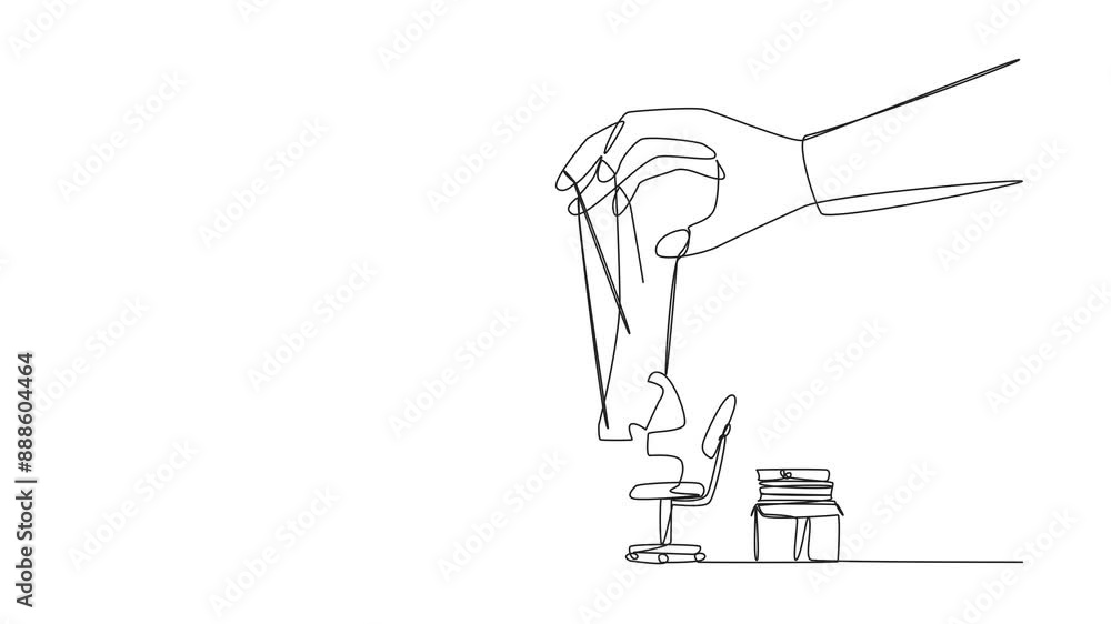 Poster animation of single continuous line drawing robot typing on a laptop, hand moved by rope controlled 