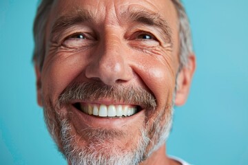 Fototapeta premium senior man mouth or teeth smiling, hygiene or dental cleaning cosmetic service Isolated on blue background
