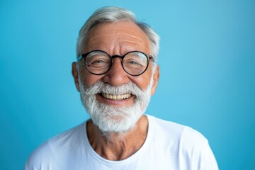 Obraz premium senior man mouth or teeth smiling, hygiene or dental cleaning cosmetic service Isolated on blue background