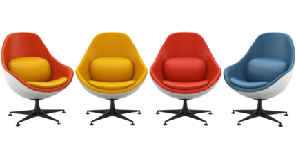 Four Swivel Chairs With Different Colored Cushions and White Bases