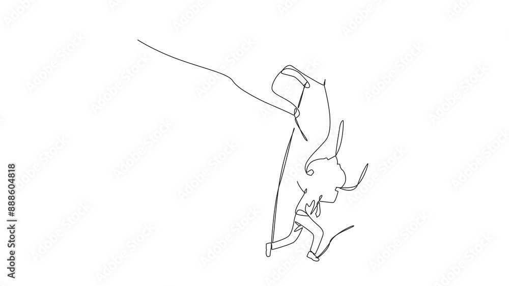 Poster animation of single continuous line drawing the walking businessman moved by ropes controlled by gia