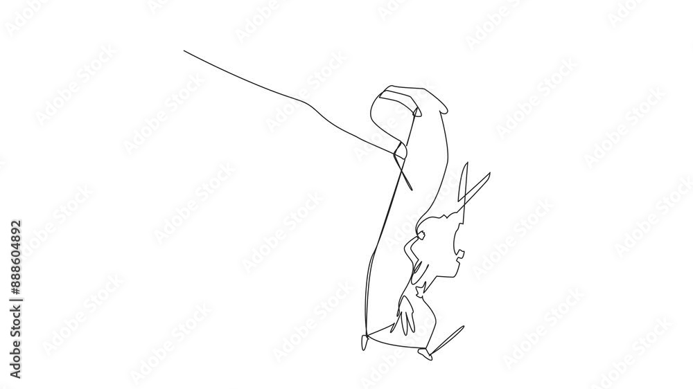 Poster self drawing animation of single continuous line drawing arabian businessman walking moved by ropes 