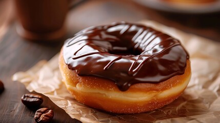 Close up photo of a donut with chocolate glaze, a cup of coffee on the side