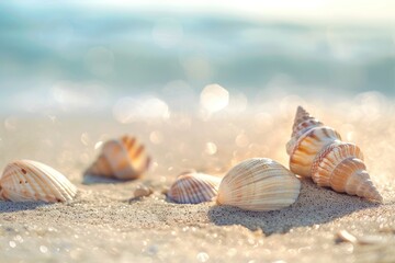 Soft-focus seashells on sandy beach background, evoking a sense of coastal tranquility