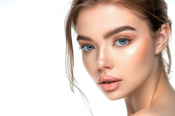 Naklejka premium Spa beauty and skin care concept. Beautiful woman face with clean fresh skin. Beauty portrait isolated on white