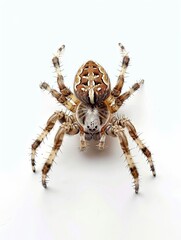 Fototapeta premium A closeup of a garden spider on a white background 15 3 spider, insect, arachnid, animal, isolated, macro, nature, bug, brown, web, white, white background, hairy, closeup, wildlife, wild, arachnophob