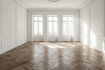 Obraz premium The interior of a small empty room in white with a parquet floor and three internal windows