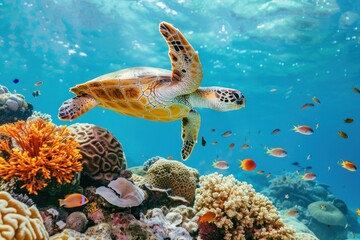 Turtle Swimming Over Coral Reef