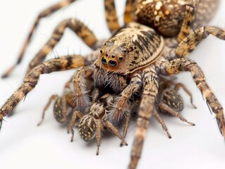 A closeup of a wolf spider carrying her young on a 41 spider, insect, animal, isolated, macro, arachnid, nature, white, brown, bug, arachnophobia, white background, hairy, closeup, phobia, predator, c