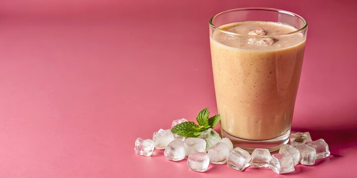 Refreshing sattu flour smoothie with ice cubes on pink background, sattu, flour, smoothie, ice, pink, background, drink, healthy