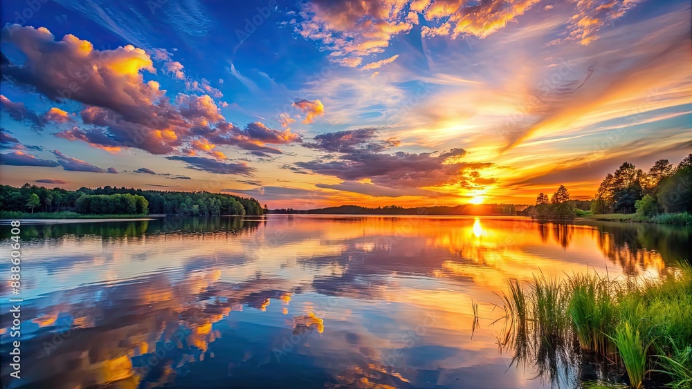 Sticker Beautiful summer sunset over the lake, sunset, summer, beautiful, lake, reflection, serene, nature, landscape, water, sky