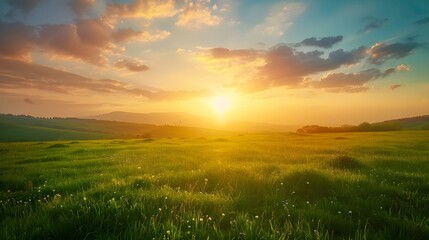 Obraz premium Summer rural landscape with green field and sunset sky