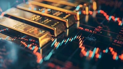 Gold bullion bars superimposed with forex trading chart
