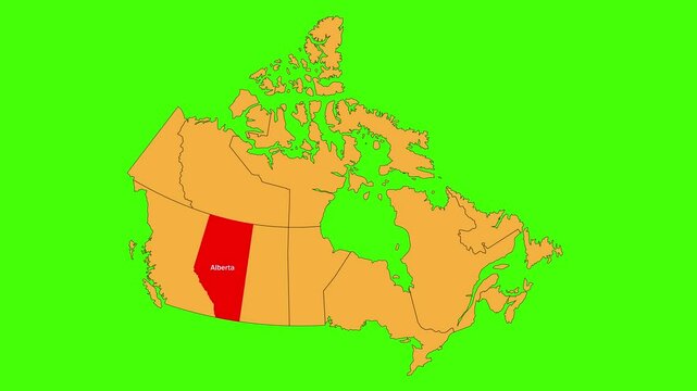 Alberta map animated video. Map Highlighted on the Canada map with animation and colour with Green screen background in video format.	
