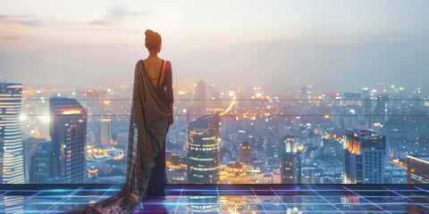 Women In Traditional Cloth Overlooking Futuristic City Skyline
