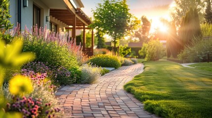 Obraz premium Beautiful home garden in summer, scenery of upscale landscaped house backyard at sunset. Scenic view of path, flowers and green plants. Concept of landscaping, nature, luxury design, yard