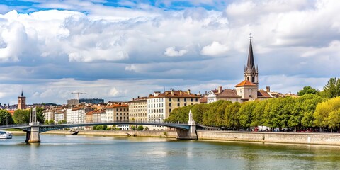 Obraz premium Panorama view of Barbe island on the Saone river, with a bridge and church in Lyon, France, Lyon