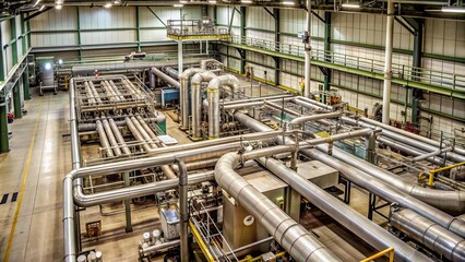 Modern industrial facility with numerous metal pipelines, aerial view, industrial, facility, plant, metal