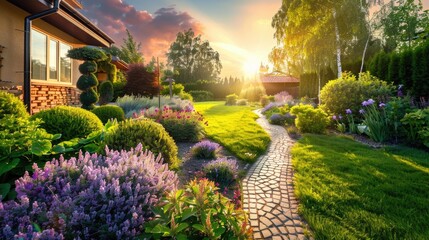 Beautiful home garden in summer, scenery of upscale landscaped house backyard at sunset. Scenic view of path, flowers and green plants. Concept of landscaping, nature, luxury design, yard