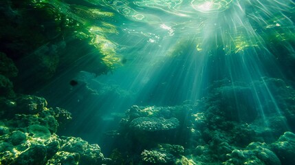 Obraz premium Deep transparent green and teal water reefs. Shallow tropical ocean. Sun rays shining through the water are very beautiful
