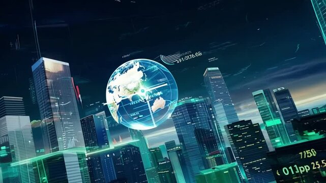 Holographic projections of rising stock prices and booming industries give a sense of optimism and potential in the financial district skyline.