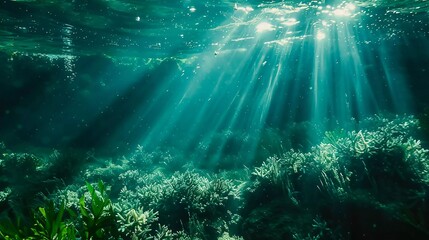 Deep transparent green and teal water reefs. Shallow tropical ocean. Sun rays shining through the water are very beautiful