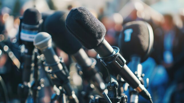 Media interview microphones after a press conference. 