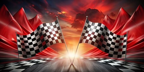 A checkered flag is flying in the air above a racetrack