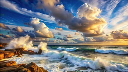 Fototapeta premium A peaceful scene of waves crashing against the rocks with fluffy clouds in the sky , Waves, clouds, ocean, serene, peaceful, water