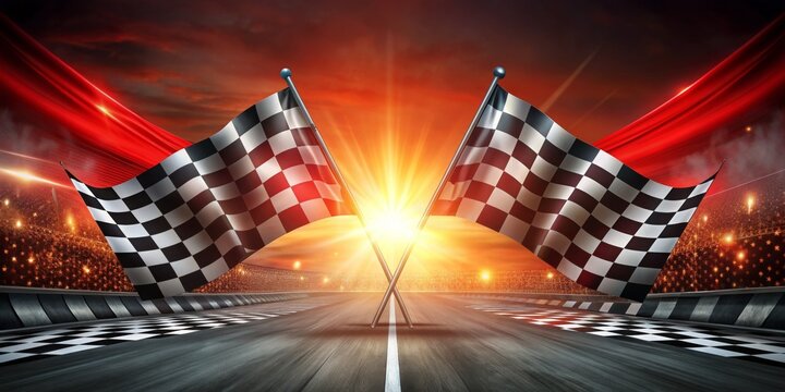 A checkered flag is flying in the air above a racetrack
