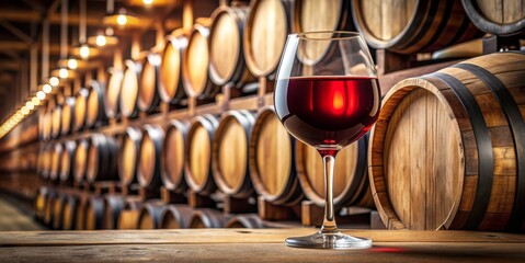 A wine glass is sitting on a table next to a row of wooden barrels