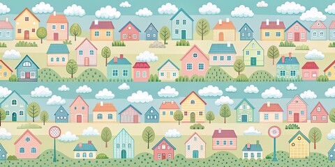 Whimsical seamless pattern featuring pastel houses, chubby smiley clouds, and sunny fields, whimsical, seamless, pattern, pastel