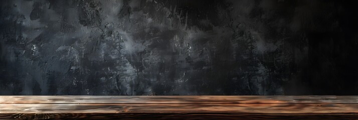 A wooden table is in front of a dark room wall background for advertising and product placement