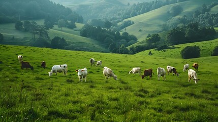 Herd of cattle grazing on lush green field